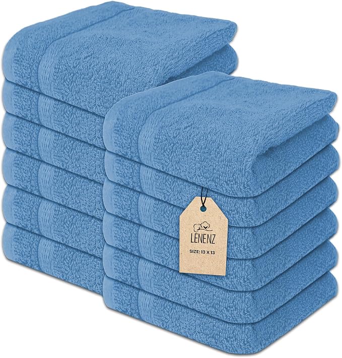 Soft Wash Cloths - 12 Pack Plush and Absorbent Cotton Washcloths for Face, Body, and Baby - Multi-Purpose, Quick-Dry Wash Cloths Set 13x13'' (Electric Blue)