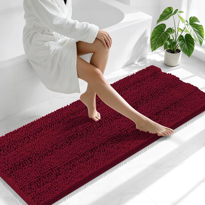 Smiry Thick Chenille Bathroom Runner Rugs 59x20, Absorbent Striped Bath Mat, Machine Washable, Rubber Backing, Extra Long Bath Rugs for Tub & Shower, Modern Home Decor Accessories, Burgundy