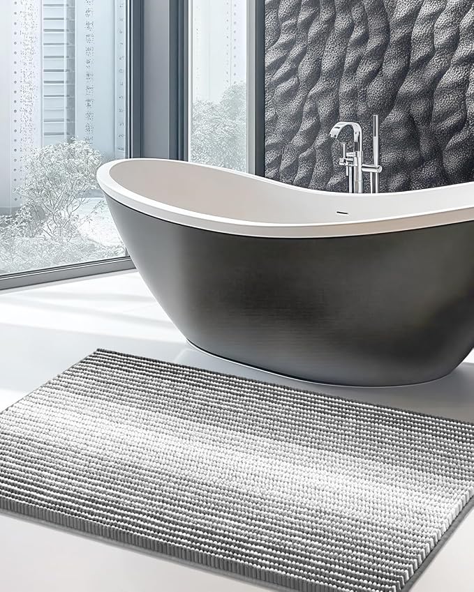 BSICPRO Chenille Bathroom Rugs, 24 x 43 Inches Non Slip Absorbent Bath Mat, Soft Shaggy Shower Bath Floor Mats for Bathroom, Machine Washable(Grey)