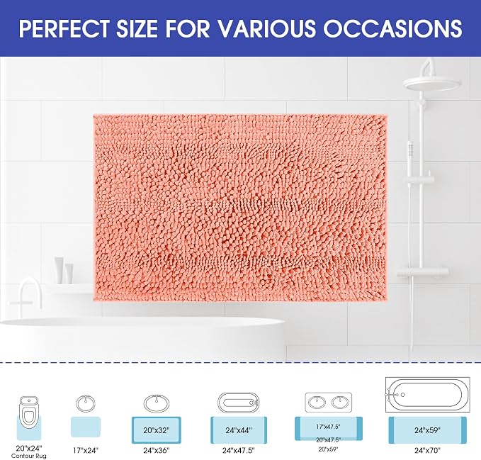 ACCUMTEK Striped Coral Bathroom Rug Mat 48"x20" Ultra Soft, Non Slip Chenille Bath Rugs, Absorbent Plush Shaggy Bath Mats for Bathroom, Bedroom, Kitchen, Shower, Tub