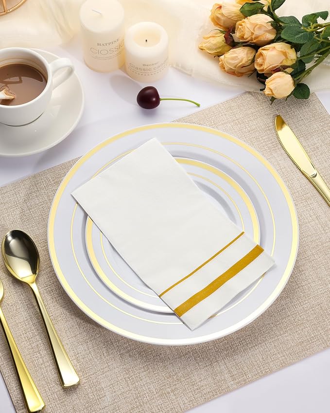 Goodluck 200 Pack 3-Ply Disposable Napkins - Soft & Absorbent Paper Hand Towels for Bathroom Guests, Dinner Party, Kitchen, Christmas, Wedding & Events, Parties - Striped Gold Trim