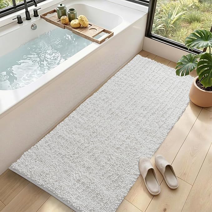 DEXI Bathroom Rugs 60x24, Super Soft Thick Chenille Absorbent Bath Mat, Non Slip Machine Washable Fluffy Shag Bathmat for Tub, Shower Floor, White