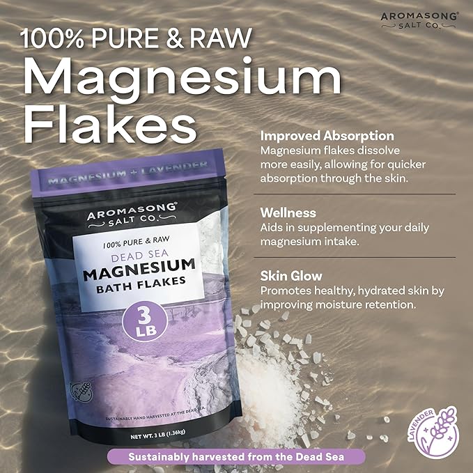 Aromasong RAW Magnesium Bath Flakes with 100% Natural Lavender, 3 LB Muscle Relaxing Organic Salts Mg Chloride, Mineral Soak. (Packaging May Vary)