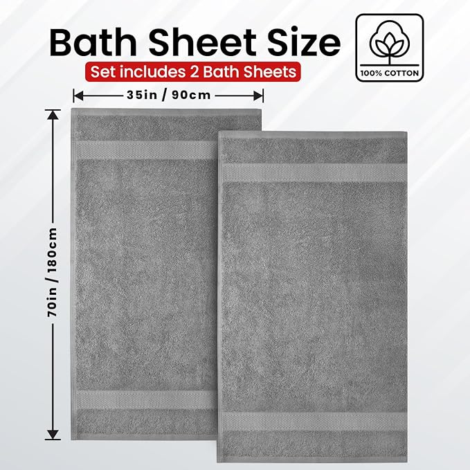 Infinitee Xclusives Jumbo Bath Sheets Towels for Adults – 600 GSM (35X70 Inches)– 100% Ring Spun Cotton, Soft and Absorbent Large Bath Towels for Bathroom (Charming Grey) (Pack of 2)