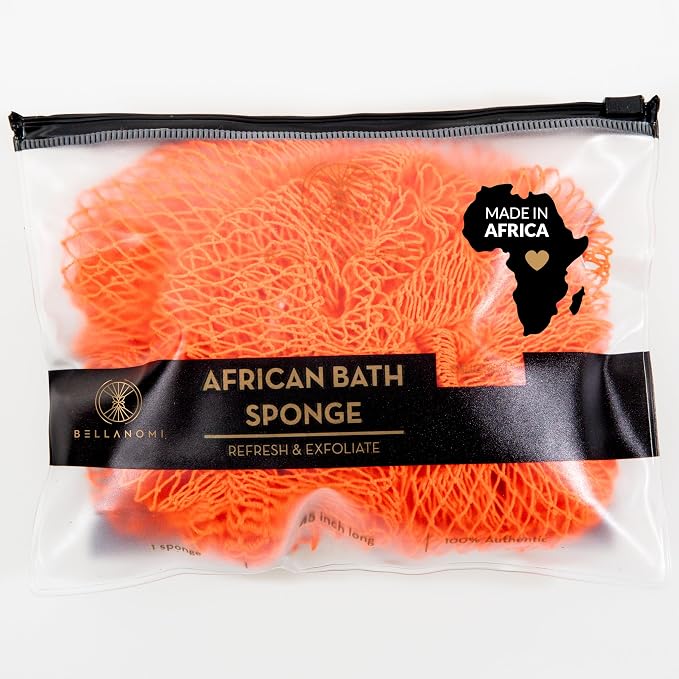 BELLANOMI African Exfoliating Net Sponge, Authentic, Ethically sourced from Nigeria, 45 inches Long, Back Scrubber for Daily use (Orange)