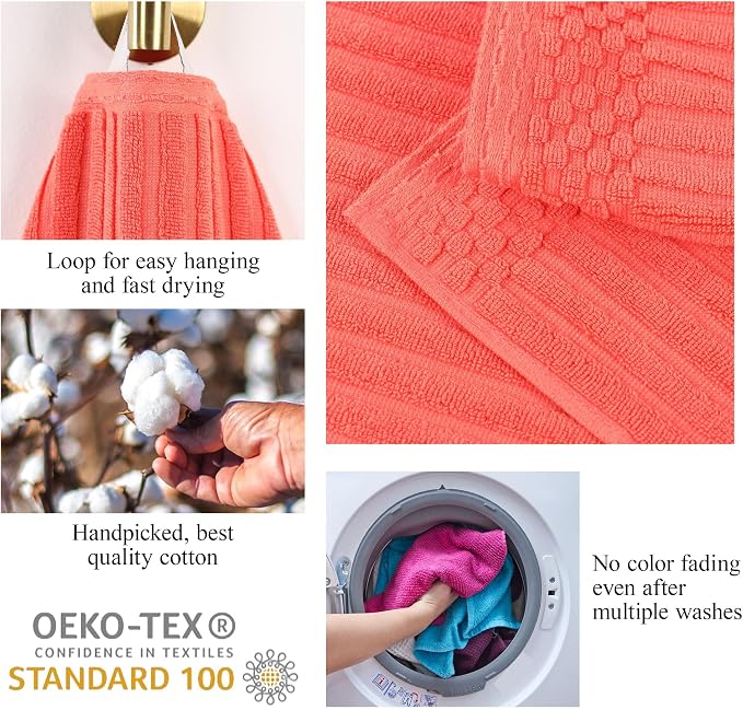 Superior 3 Piece Cotton Towel Set, Includes 1 Bath Towel, 1 Hand Towel, 1 Face Towel/Washcloth, Daily Use for Bathroom, Guest Bath, Quick Dry, Ribbed, Absorbent, Essentials, Soho Collection, Coral