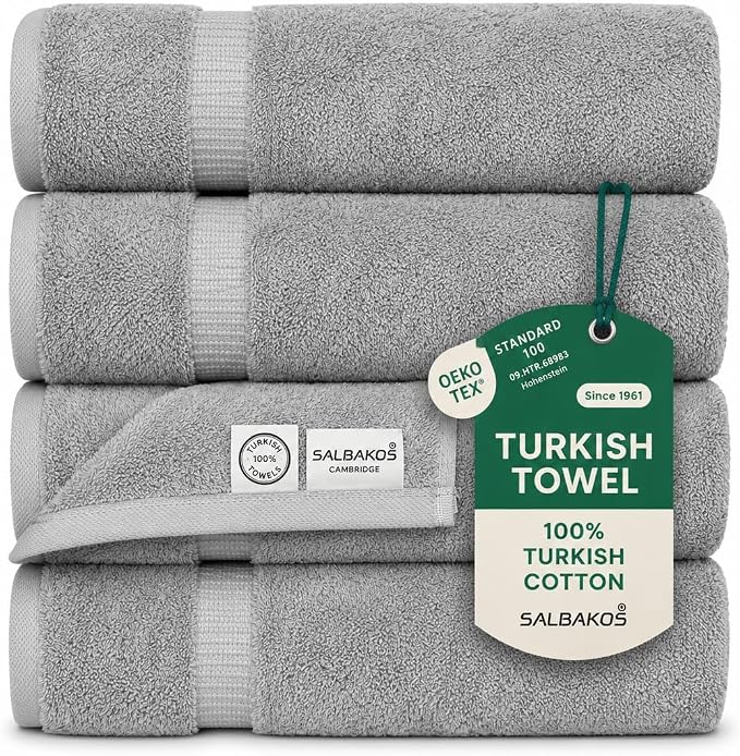 SALBAKOS 100% Turkish Cotton Bath Towel Set of 4, 27x54 inch | Premium Quality | Hotel & Spa Collection | Soft, Super Absorbent, Long Lasting Bath Towels | Made in Turkey (Silver, 4 Bath Towels)