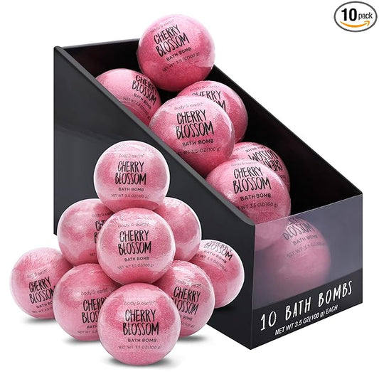 Body & Earth Bath Bombs Gift Set for Women, 10 X 3.5 oz Essential Oils Cherry Blossom Handmade Birthday Gift Idea for Family, Women, Mother's Day Gifts