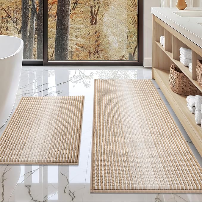 BSICPRO Bathroom Rugs and Mats Sets, 2 Piece Thick Absorbent Chenille Bath Mat Rug Set Non Slip, Soft Shaggy Bath Room Floor Mats for Bathroom, Machine Washable (Beige, 20" x 47" Plus 20" x 32")