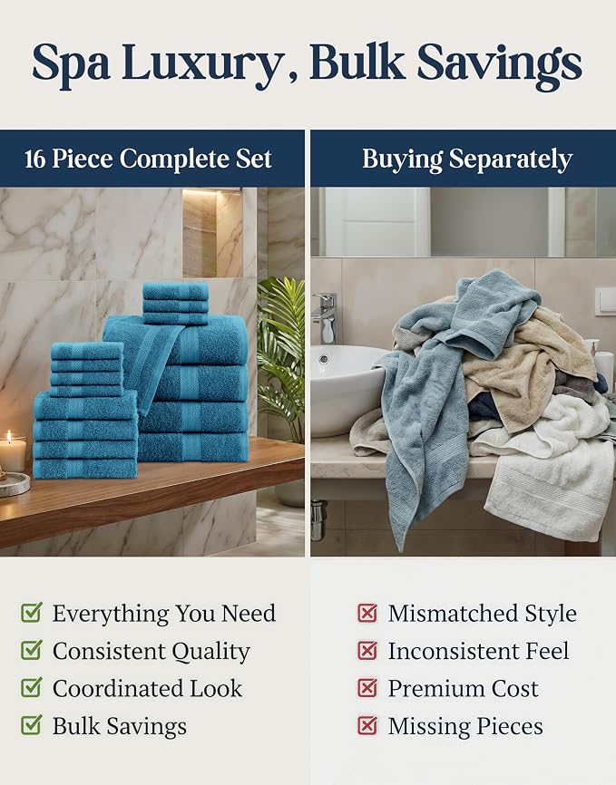 LANE LINEN Luxury Cotton Bath Towel Set of 16 - Soft, Absorbent & Quick Dry - 4 Bath, 8 Washcloths, 4 Hand Towels for Bathroom - OEKO TEX Certified - Smart & Durable Choice for Every Home - Sea Port