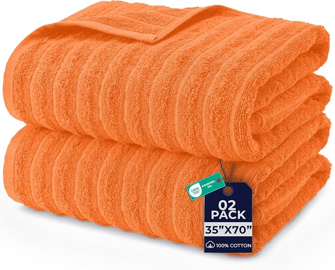 DAN RIVER Pack of 2 Bath Sheet 35x70 Inches, Soft Ribbed Fluffy Bath Sheets Towels for Adults, Quick Dry Shower Towels - Orange