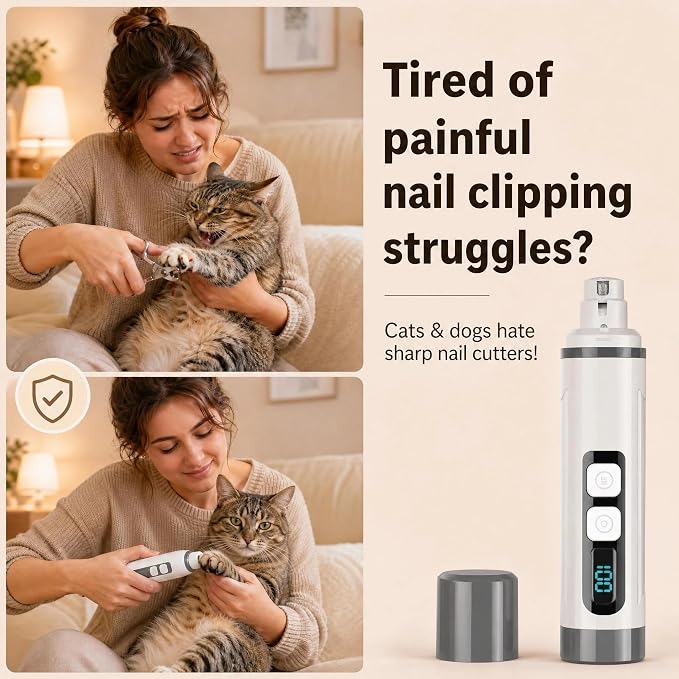 Dog Nail Grinder Quiet- 3-Speed Dog & Cat Nail Grinder with LED Light & Battery Display & Upgrade Grinding Head - Painless Nail Trimmer Dogs, Thick Nails, and Sensitive Paws | Dog Nail Grinder Quiet- 3-Speed、LED Light & Battery Display 、Upgrade Grindin...
