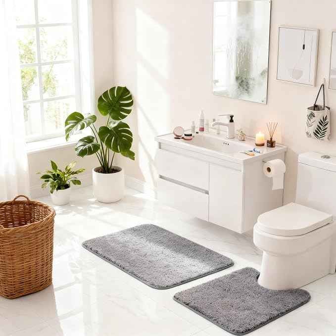 Exclusivo Mezcla Toilet Rugs U-Shaped 20x24, Extra Soft Non Slip Absorbent Microfiber Bath Rugs, Machine Washable Quick Dry Bath Mats for Toilet, Solid Grey