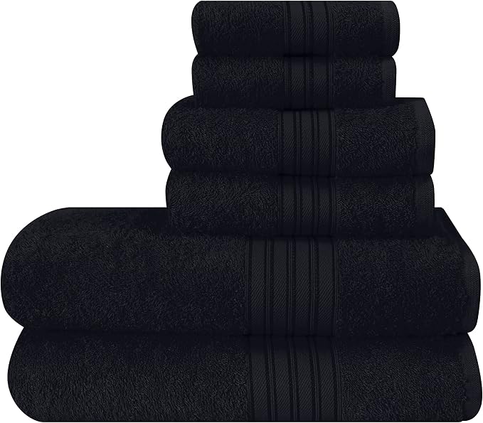 BOUTIQUO 6 Pack Cotton Towel Set, Contains 2 Bath Towels 28x55 inch, 2 Hand Towels 16x24 inch & 2 Wash Coths 12x12 inch, Ideal Everyday use, Ultra Soft Compact & Lightweight - Black