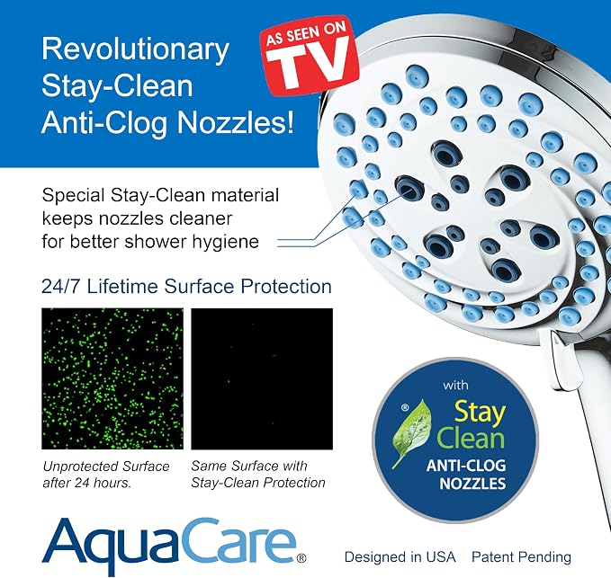 AquaCare Seen-On-TV High Pressure 8-mode Handheld Shower Head - 2-mode Power Wash to Clean Tub, Tile & Pets, Stay-Clean Nozzles, Extra Long 6 ft. Stainless Steel Hose, Wall & Overhead Brackets, Chrome