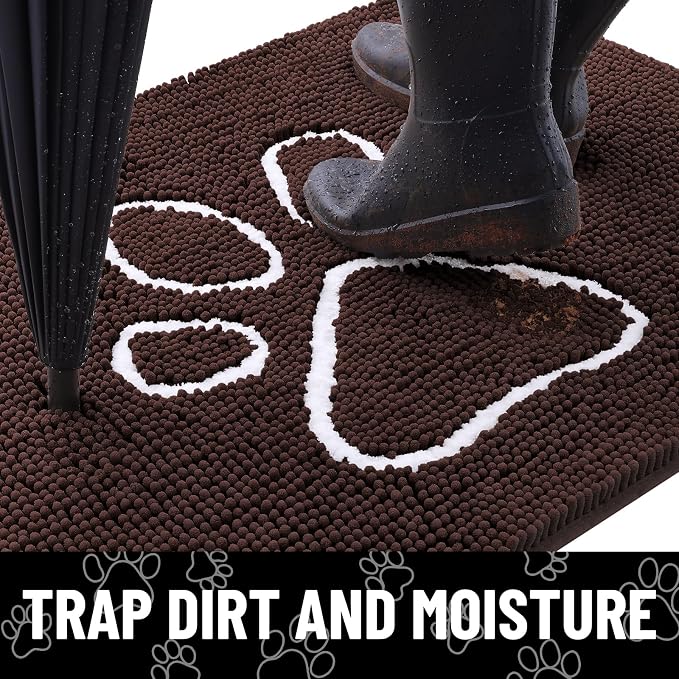 Smiry Dog Door Mat for Muddy Paws, Absorbent Dirt Trapper Non Slip Quick Dry Washable Chenille Mat for Mud Dogs, Entry Rug for Indoor and Outdoor (71x46 Inches, Brown and White)