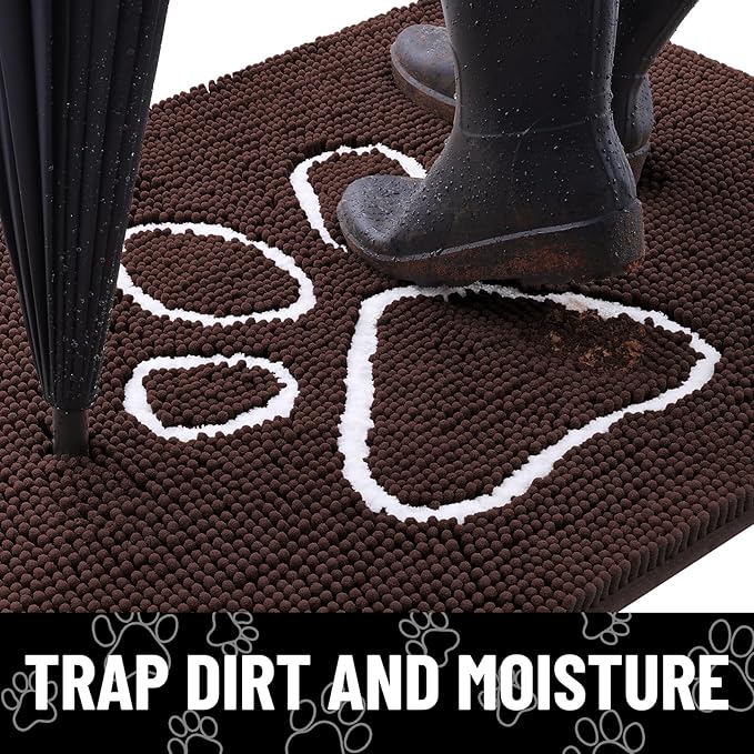 Smiry Dog Door Mat for Muddy Paws, Absorbent Dirt Trapper Non Slip Quick Dry Washable Chenille Mat for Mud Dogs, Entry Rug for Indoor and Outdoor (34x21 Inches, Brown and White)