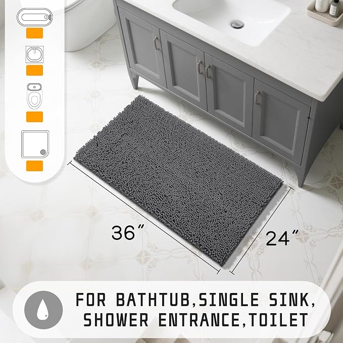 Yimobra Large Bathroom Rugs 36"x24", Non Slip Bath Mat for Tub, Shaggy Rug Floor Carpet, Extra Soft Super Absorbent Quick Dry, Machine Washable,Dark Gray