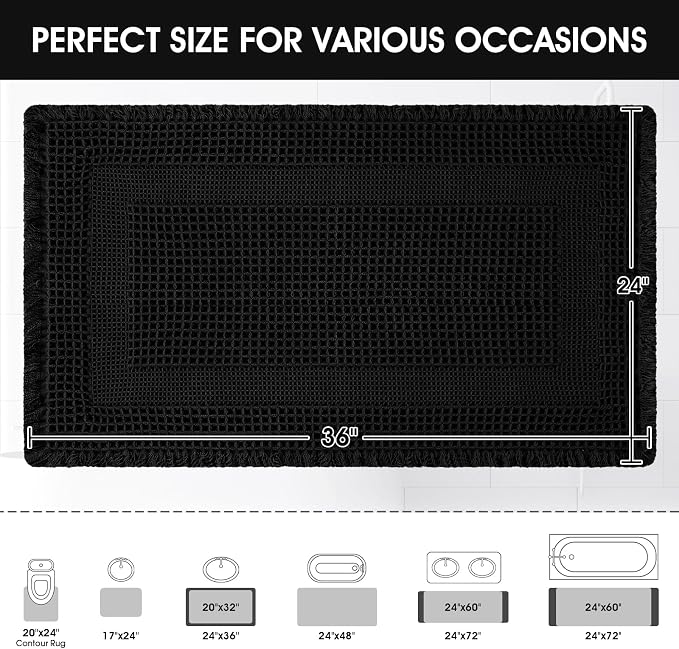 Upgraded Waffle Bath Mat, 36"x24" Black-Looped, Super Absorbent Non-Slip Quick Dry Bathroom Rugs with Tassels, Machine Washable Ultra Soft Boho Bath Rugs for Floor, Toilet Mats Boho Farmhouse Decor