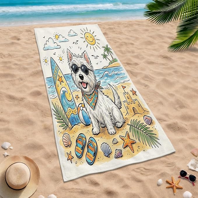 Cute Westie Dog Beach Towels for Adults Coastal Beach Shells Quick Dry Bath Towel, Pet Soft Lightweight Blanket Travel Pool Camping Essentials 31x62 Inch