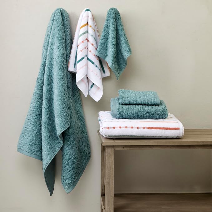 SKL Home CloudSoft/Modesto Stripe 100% Cotton Luxury 6-Piece Towel Set - 600 GSM, Ultra Plush & Absorbent, Reversible - 2 Bath Towels, 2 Hand Towels, 2 Washcloths, Teal/Multi