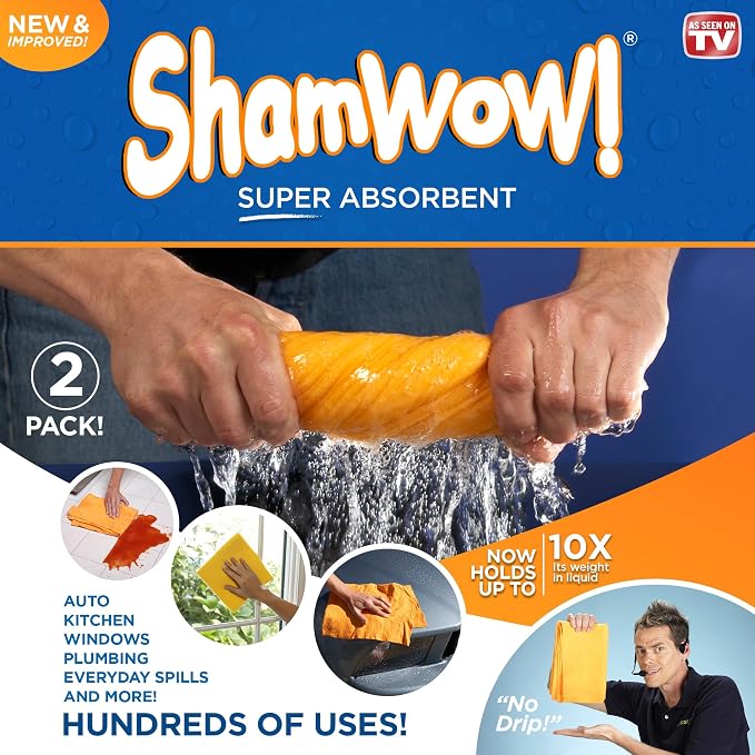 ShamWow 2pk (20"x27") Shammy Super Absorbent Multi-Purpose Home Cleaning, Chamois Towel for Cars, Lint-Free, Streak-Free & Scratch-Free, Holds 10x Its Weight, Machine Washable, Orange