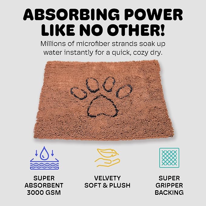 Dog Gone Smart Dirty Dog Doormat - Fast Drying Rug with Super Gripper Backing for Clean Floors - Super Absorbent Microfiber and Machine Washable Mat for Muddy Paws - Brown
