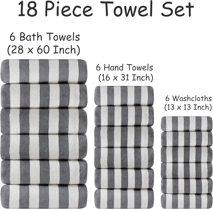 18 Pcs Gray Stripe Bath Towel Set with Hanging Loop-6 Bath Towels,6 Hand Towels,6 Washcloths Soft Family Towels Set Bathroom Towel Highly Absorbent Quick Dry Shower Towel for Beach Chair Spa Gym Hotel