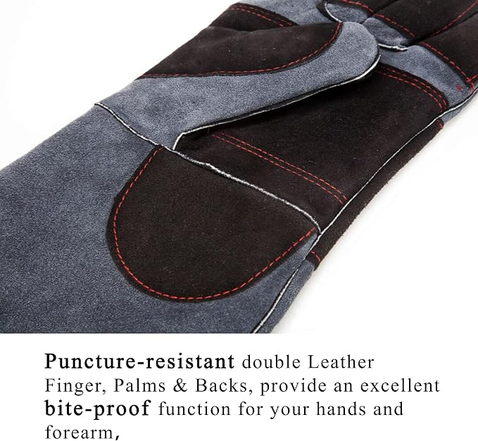 RAPICCA Animal Handling Gloves, Bite Proof Double Leather, 16 in Grey-Black | For Dog, Cat, Bird, Falconry, Snake & Reptile Handling; Vets, Groomers & Animal Control Teams