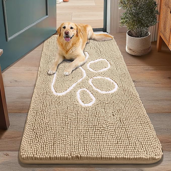 Smiry Dog Door Mat for Muddy Paws, Absorbent Dirt Trapper Non Slip Quick Dry Washable Chenille Mat for Mud Dogs, Entry Rug for Indoor and Outdoor (48x30 Inches, Beige and White)