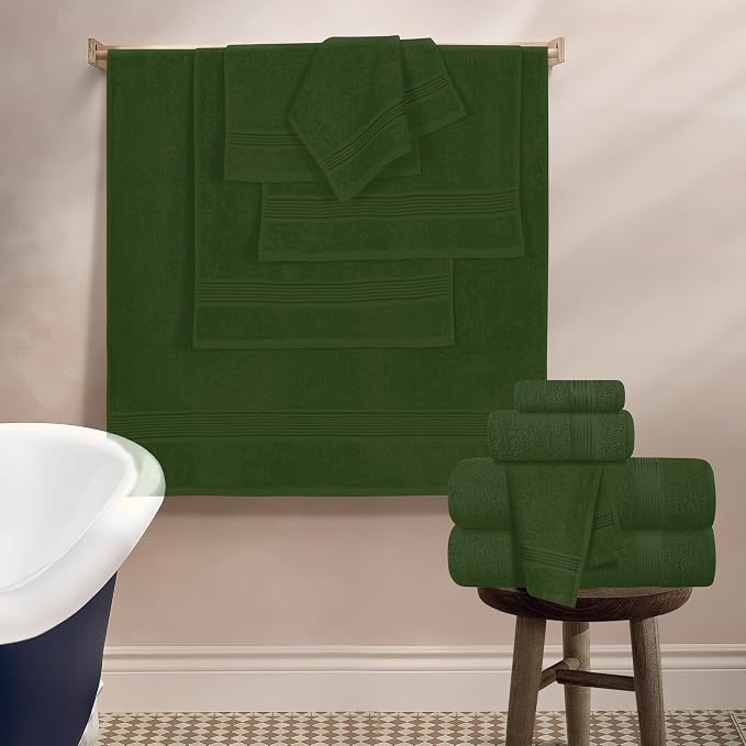 Belizzi Home 100% Cotton Towel Set, Contains 6 Soft Bath Towel, 6 Hand Towels, 12 Wash Cloths - Compact Absorbent Lightweight & Quickdry Towels for Bathroom - 24 Piece Bathroom Towel Set - Olive Green