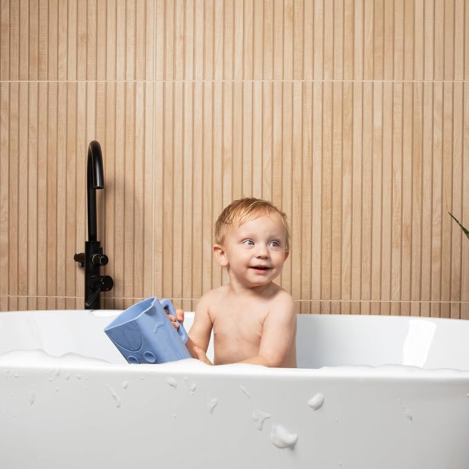 Rinzee® Baby Bath Rinse Cup with Suctions – Soft Silicone Shampoo Rinser for Kids – BPA‑Free, Drains Upside Down, Sticks to Tiles. Patent Pending