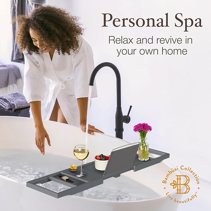 Bathtub Tray for Tub - Grey Bamboo Bath Caddy Tray, Expandable Wood Bathtub Caddy with Wine Glass Holder, Book and Tablet Stand, Bath Accessories, Spa Tub Table, Relaxation Gifts for Women and Mom