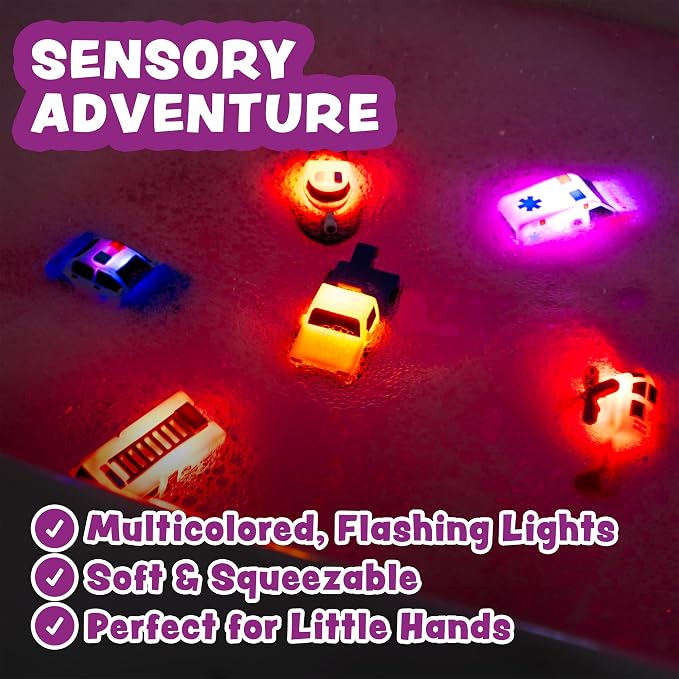 Tub Works® Emergency™ Cars Light Up Bath Toys, 12 Pack | Water-Activated Light Up Toys Flash & Change Color | Easy-Grip Baby & Toddler Bath Toys | Sensory Toys with Bath Lights for Kids Bath