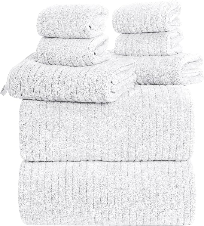 Oversized Bath Towels 8 Piece Towel Set, 2 Extra Large Bath Sheets, 2 Hand, 4 Washcloths, Luxury Soft Super Absorbent Thick Shower Towels for Bathroom, Spa & Hotel, Quick Dry, White