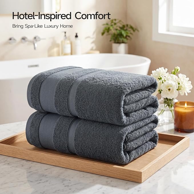 REDKISS 2 Pack Bath Towels Set, 35 X 70 Inches Oversized Bath Sheets, Gray | 100% Cotton, Ultra Soft, Super Absorbent, Quick Dry Large Bathroom Towels for Bathroom, Gym, Spa, Pool, Hotel & Family Use