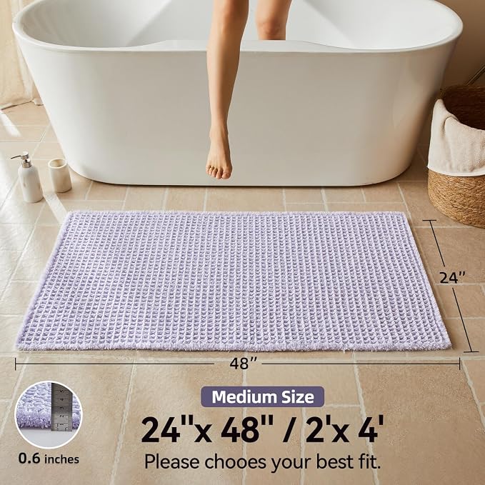 Triohero Waffle Bath Mat, Boho Bathroom Rugs Non Slip Washable, Ultra Soft Super Absorbent Quick Dry Farmhouse Bathroom Decor, 24" x 48", Lavender Cream