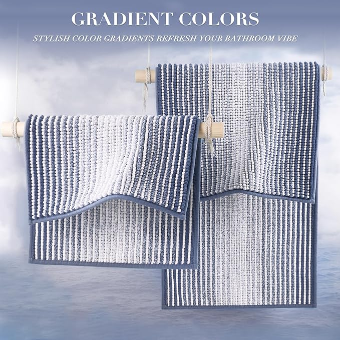 BSICPRO Bathroom Rugs and Mats Sets, 2 Piece Thick Absorbent Chenille Bath Mat Rug Set Non Slip, Soft Shaggy Bath Room Floor Mats for Bathroom, Machine Washable (20" x 47" Plus 16" x 24",Denim Blue)