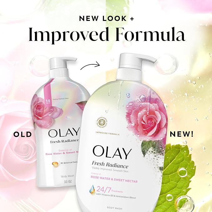 Olay Body Wash for Women, Fresh Radiance, 24/7 Skin-Loving Freshness, Visibly Radiant, Plant Based Cleansers, Vitamin B3 & Antioxidant Blend, All Skin Types, Rose Water & Sweet Nectar Scent, 35 fl oz