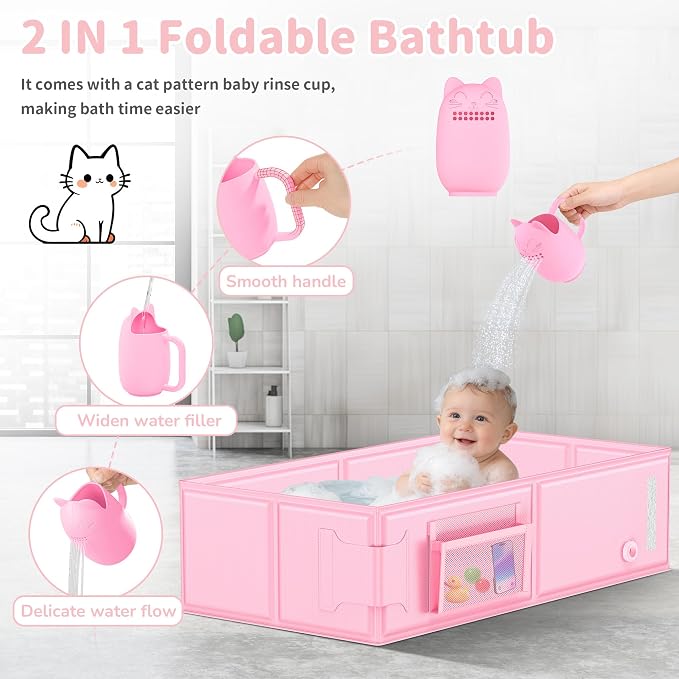Foldable Baby Bathtub, Converts Shower to Tub, 2-in-1 Portable Toddler Tub with Rinse Cup, No Assembly Easy to Clean, Space-Saving Collapsible Baby Bath Tub for Small Bathroom, Travel & Camping, 6M-5Y