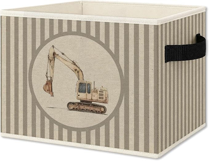 Vintage Excavator Storage Bins Box with Handles, Car Kids Decor for Boys, Striped Excavator Vehicle Collapsible Organizer Basket for Nursery Room Bedroom Playroom Toys Books