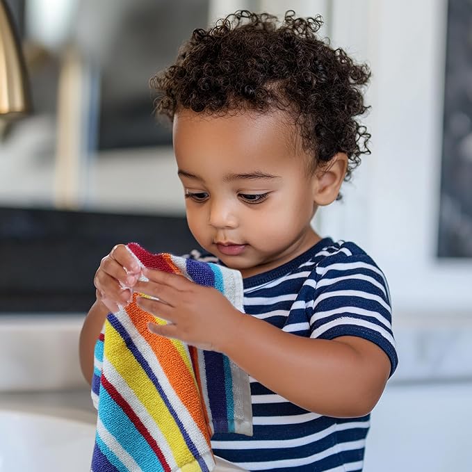 ORIGINAL KIDS Wash Cloth - 12 Pack 100% Cotton Yarn-Dyed Terry Washcloths - 450 GSM Quick Dry Soft Absorbent Gentle Baby Face Towels for Bathroom Travel Daycare - 12 x 12 inches - Cabana Stripe Multi
