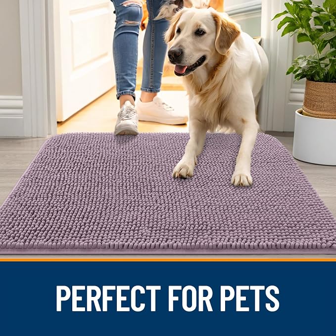 OLANLY Dog Door Mat for Muddy Paws 35x24, Absorbs Moisture and Dirt, Absorbent Non-Slip Washable Doormat, Quick Dry Chenille Mud Mat for Dogs, Entry Indoor Entryway Carpet for Inside Floor, Deep Plum