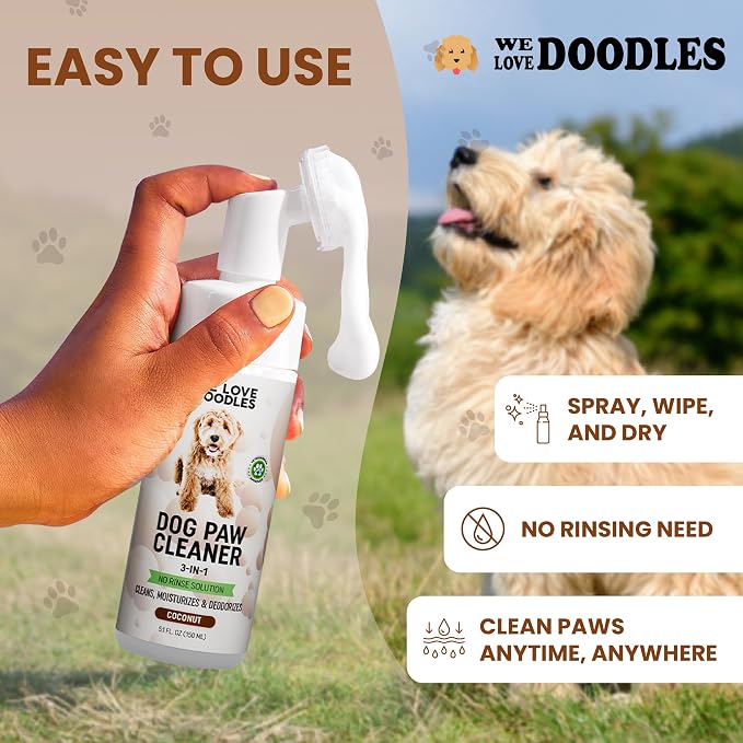We Love Doodles No-Rinse Dog Paw Cleaner with Built-in Silicone Bristle Brush | 3-in-1 Dirty Paw Washer Foaming Foot Cleaner for Muddy Pet Dogs & Cats | Gentle Waterless Shampoo - Coconut | 5 fl oz