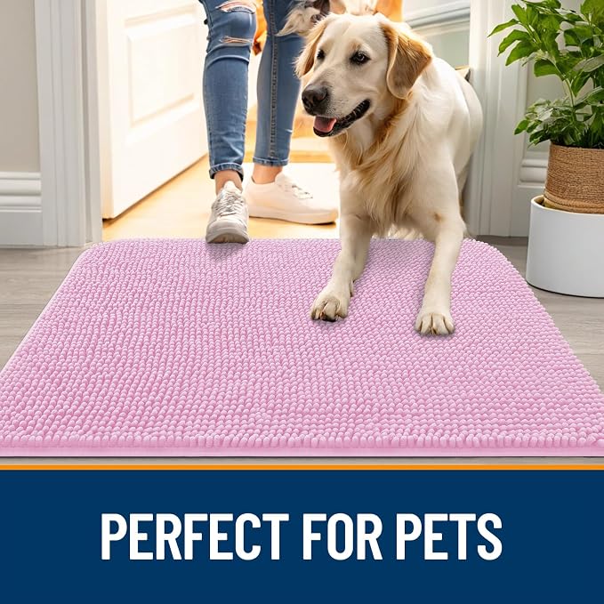 OLANLY Dog Door Mat for Muddy Paws 70x32, Absorbs Moisture and Dirt, Absorbent Non-Slip Washable Doormat, Quick Dry Chenille Mud Mat for Dogs, Entry Indoor Entryway Carpet for Inside Floor, Pink