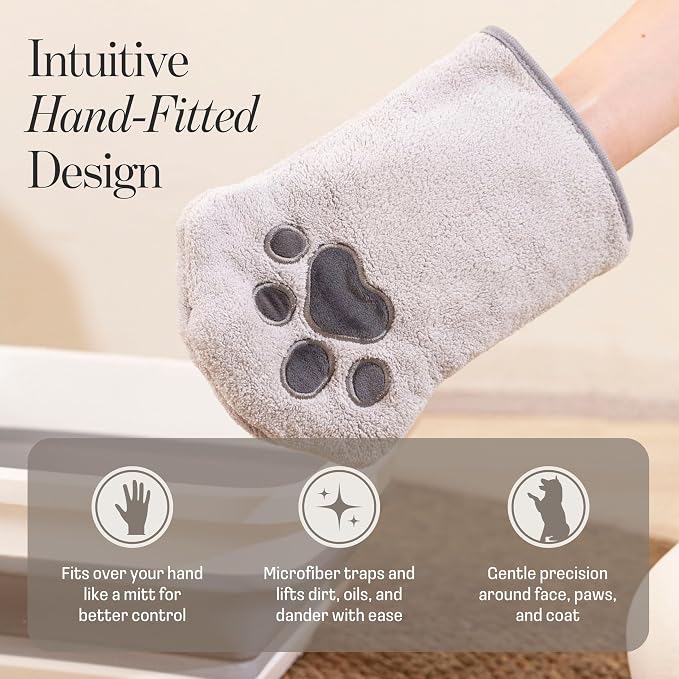 Muddi Mitt Microfiber Reusable Pet Wipes Grooming Towel Glove | Machine-Washable, Soft, Double-Sided Bath Mitt Replaces Wipes | with Self Cleaning Deshedding Grooming Brush | Dogs & Cats (Kit)