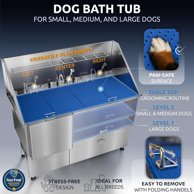 KANIS Professional Dog Washing Station 304 Stainless Steel Pet Wash Sink & Grooming Bathtub w/Shower, Floor Grates and Storage for Large, Medium & Small Pets (Silver, 61 Inches, Left Ramp, 2 Drawers)