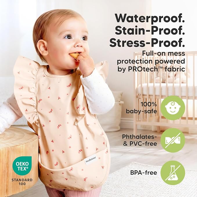 KeaBabies Waterproof Bibs for Baby Girl,Boy – 2-Pack Lightweight, Large Baby Bibs for Eating, Wearable Food Catcher, 6-12 Months Infant Feeding Essentials, Smock for Toddlers 1-3, Kids (Butterflies)