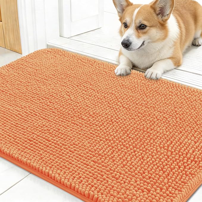 OLANLY Dog Door Mat for Muddy Paws 30x17, Absorbs Moisture and Dirt, Absorbent Non-Slip Washable Doormat, Quick Dry Chenille Mud Mat for Dogs, Entry Indoor Entryway Carpet for Inside Floor, Orange