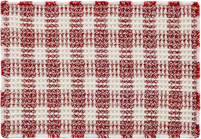TYUU Waffle Bath Mat, Boho Christmas Bathroom Rugs Non Slip Washable Absorbent Checkered Bathroom Mat Quick Dry Cute Bath Mat, 36"x24" Red and White